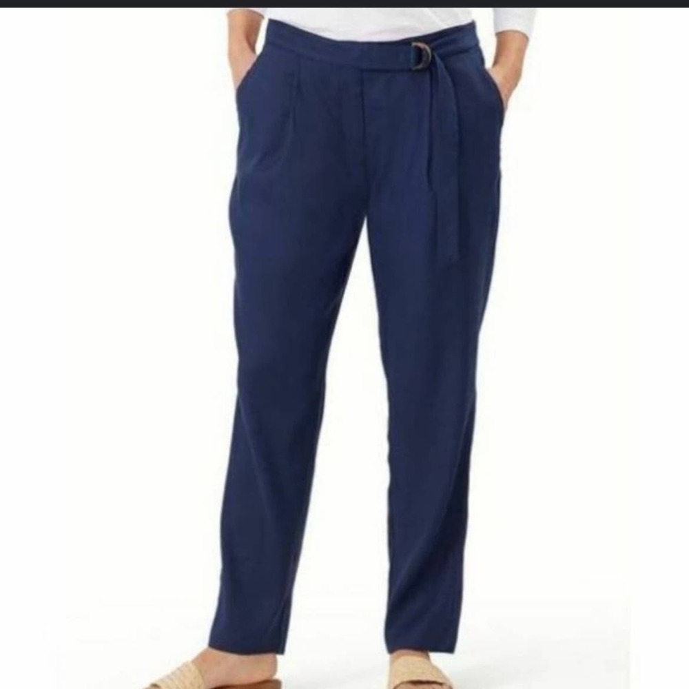 Tommy Bahama Willa Stretch-Linen Pants Navy Blue Trouser Straight Leg 12 Belted